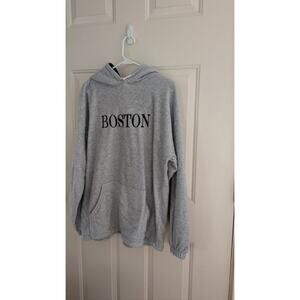 Boston Spellout Men's Fleece Hoodie, Gray, Blue Writing, LG, Preppy, Cotton/Poly